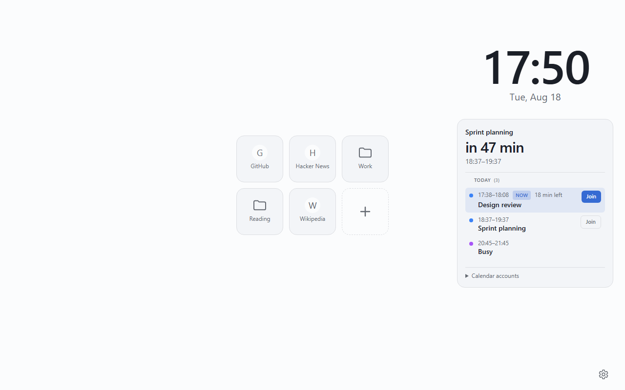 The new tab page: a large clock, a grid of bookmarked links, and a calendar card listing upcoming meetings with a Join button.